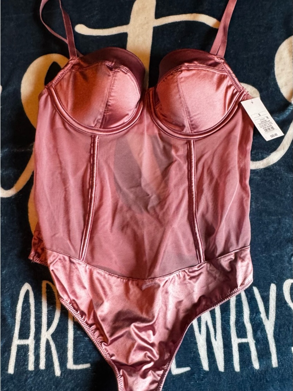 New Auden Satin & Mesh Bodysuit in Dusty Rose lingerie padded cup bra thong